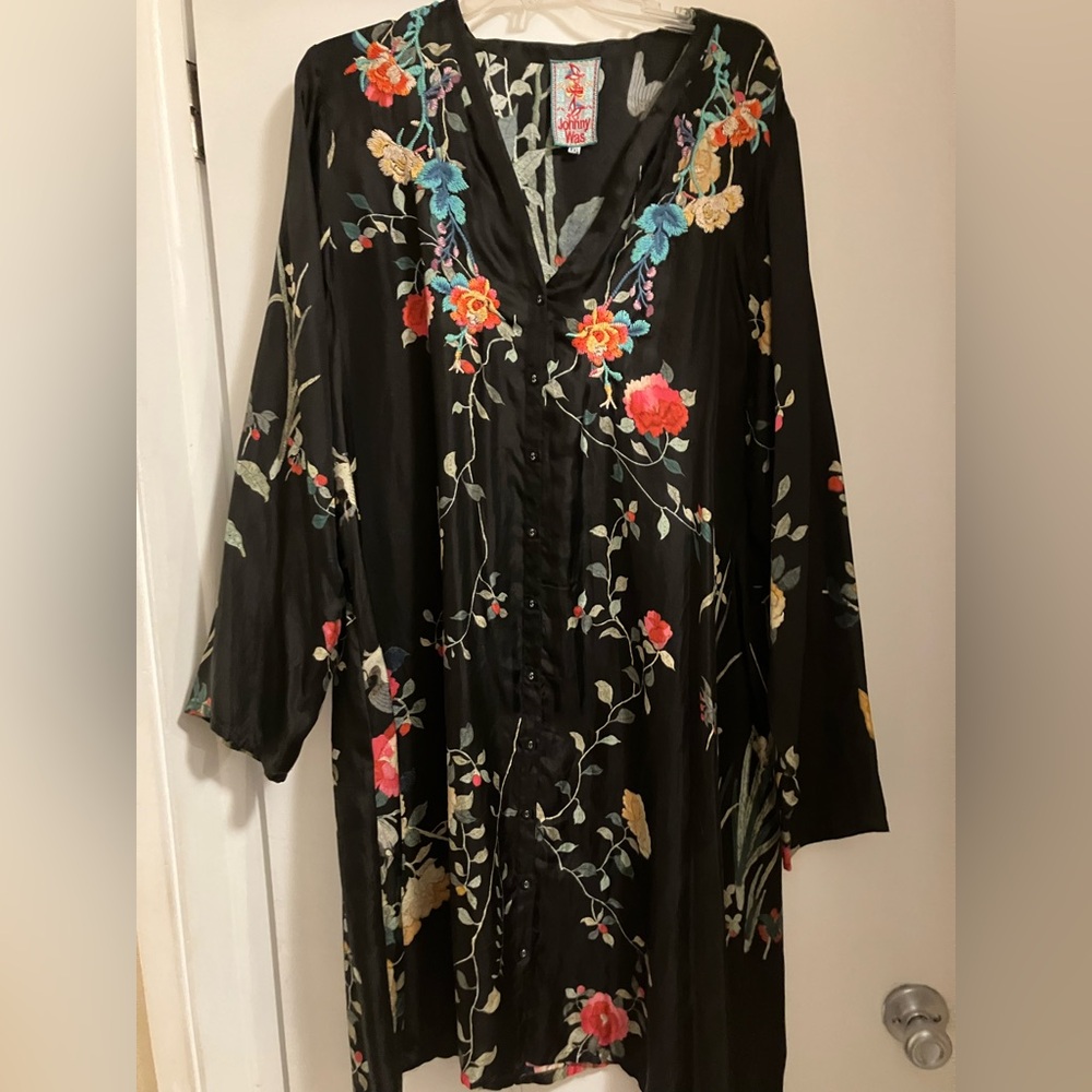 Johnny Was Black Silk Floral Dress with Embroidery